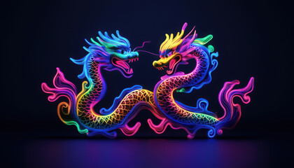 Vibrant neon dragons symbolizing power and harmony in culture.