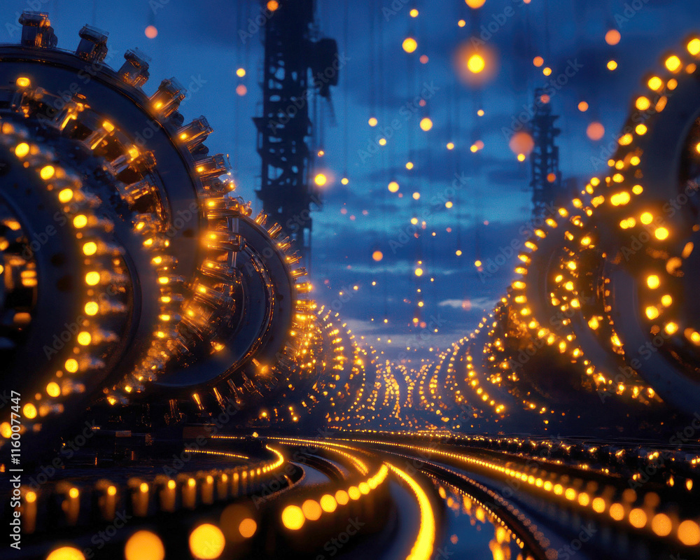 Poster futuristic view of illuminated technological structures at night.