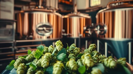 A vibrant home brewery with brewing kettles and hops, Beer brewing equipment and ingredients perfectly arranged, Modern industrial style