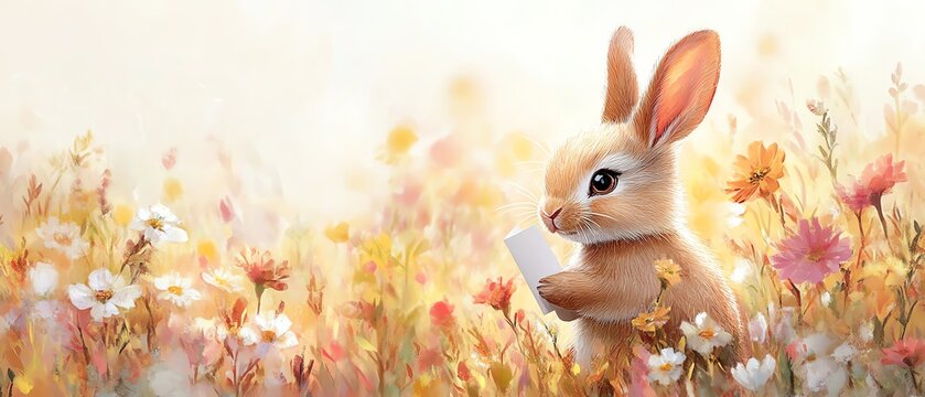 Charming fluffy bunny in a field of watercolor flowers, holding a blank card, ready to carry special notes with a gentle, inviting vibe