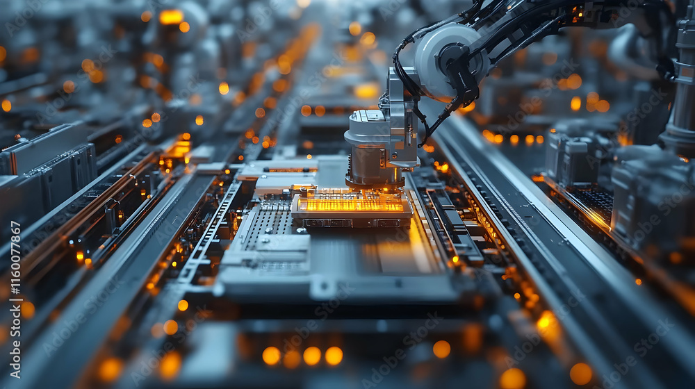 Poster a robotic arm assembling electronic components on a circuit board in a high-tech environment.