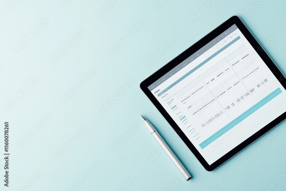 Poster modern tablet on a light blue surface displaying data analysis tools with a pen nearby, representing