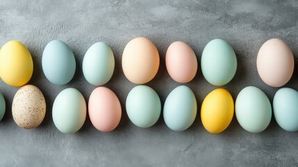 Colorful Easter Eggs Arranged in a Row on Gray Surface Background