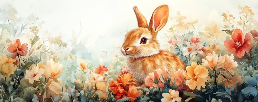 Fluffy bunny nestled in a bed of watercolor flowers, with a blank card beside it, offering a perfect setting for writing heartfelt notes