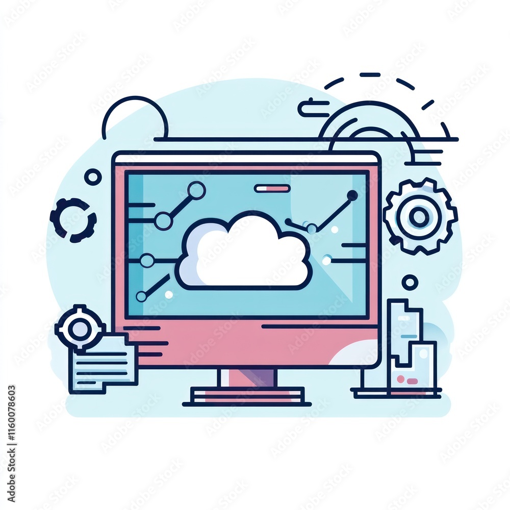 Poster cloud computing displayed on a computer screen with data analysis charts and gears.