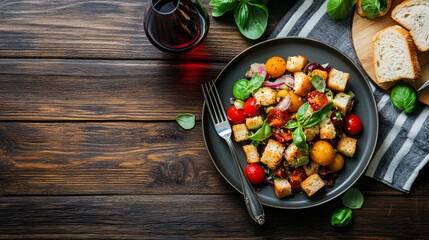 A vibrant salad featuring cherry tomatoes, croutons, herbs, and vegetables, served in a rustic setting with wood accents and fresh greenery for a wholesome and appetizing culinary presentation.