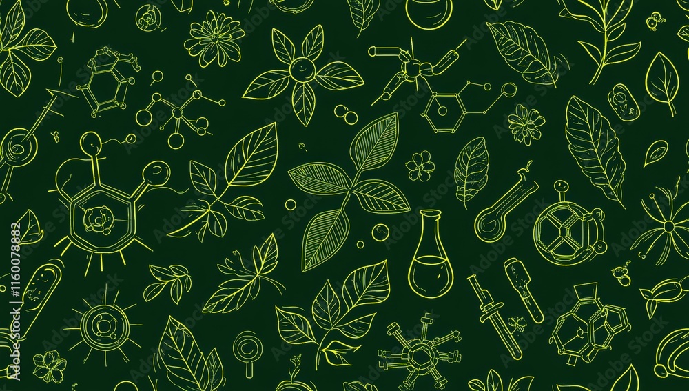 Poster Green seamless pattern with science and nature elements.