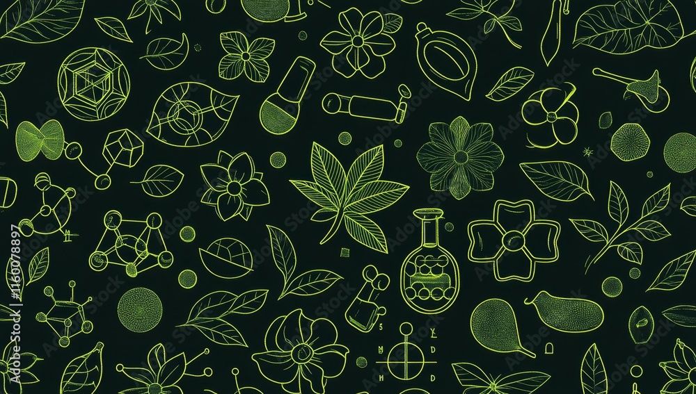 Poster seamless pattern of green glowing botanical and chemical elements on dark background.
