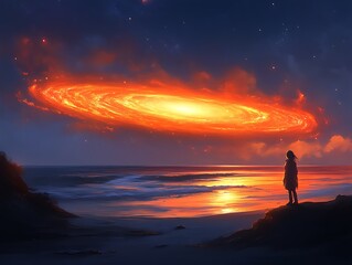 Fototapeta premium A Solitary Figure Observes A Fiery Cosmic Galaxy Over The Ocean