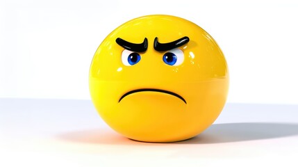 A bright yellow smiley with a frown, furrowed eyebrows, and blue eyes conveys feelings of anger and frustration. It stands on a simple white surface, emphasizing its discontent