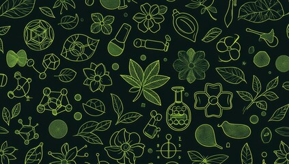 Seamless pattern of green glowing botanical and chemical elements on dark background.