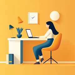 Modern workspace illustration featuring a woman sitting at a desk with a laptop in a vibrant orange room, displaying minimalist decor and stylish furnishings for a creative environment.