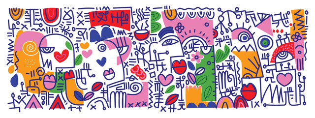 Naklejka premium abstract hand drawing face portrait doodle geometric decorative outlines vector illustration. Line art aesthetic design for wall art, prints, cards, poster, decoration, bannner.