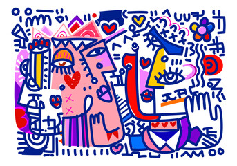 Fototapeta premium abstract hand drawing face portrait doodle geometric decorative outlines vector illustration. Line art aesthetic design for wall art, prints, cards, poster, decoration, bannner.