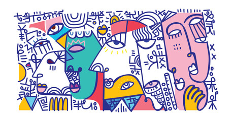 abstract hand drawing face portrait doodle geometric decorative  outlines vector illustration. Line art aesthetic design for wall art, prints, cards, poster, decoration, bannner.
