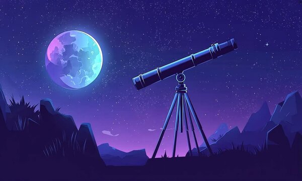 Celestial Observation: A Refracting Telescope Under a Starry Night Sky