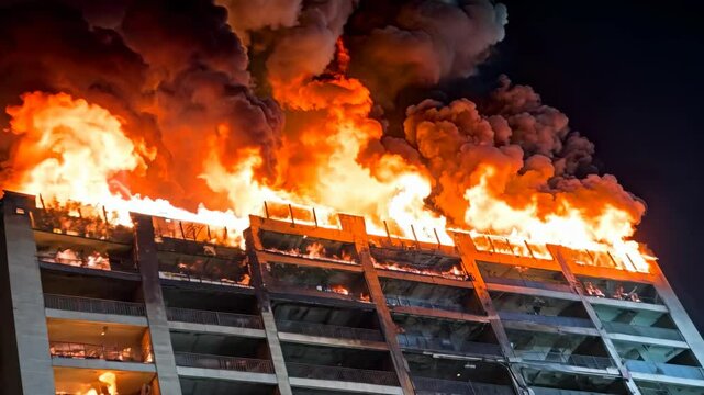 Massive fire engulfs high-rise building at night causing chaos and emergency response