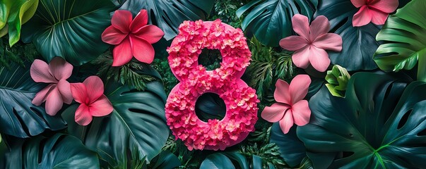 Number 8 adorned with vibrant pink flowers, set in a lush botanical background, honoring the power and resilience of women on International Womens Day