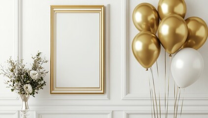 Gold balloons, white flowers, and blank frame mockup.