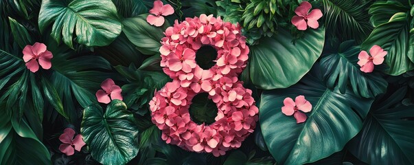 Number 8 adorned with vibrant pink flowers, set in a lush botanical background, honoring the power and resilience of women on International Womens Day