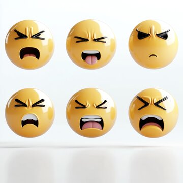 Multiple smileys exhibit a range of negative emotions, including anger, frustration, and disappointment, highlighting their expressive qualities in a fun arrangement