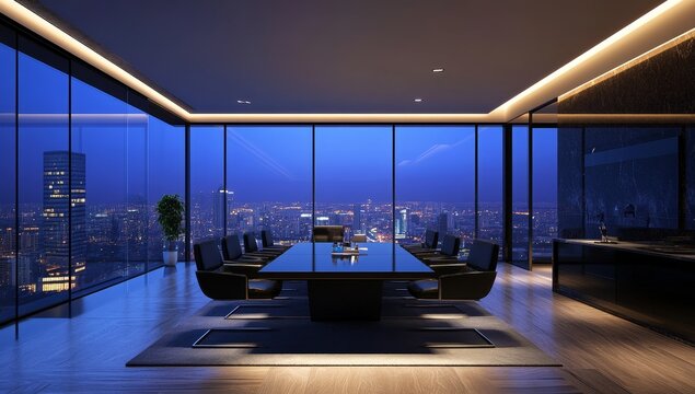 Modern luxury penthouse boardroom with city view at night.