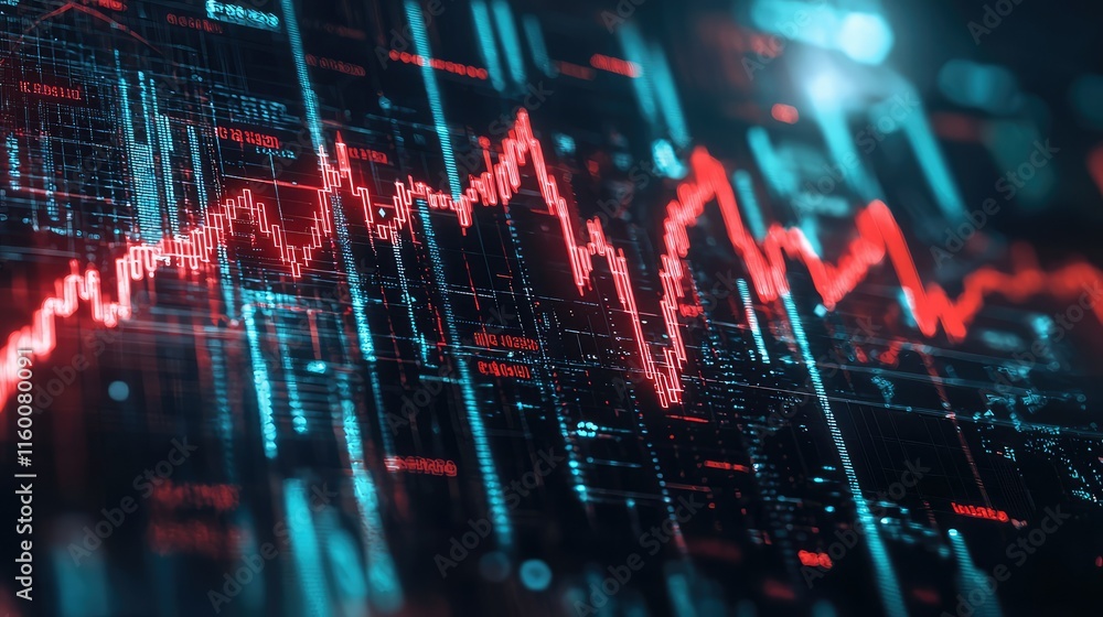 Poster abstract financial chart data visualization with red graph fluctuations