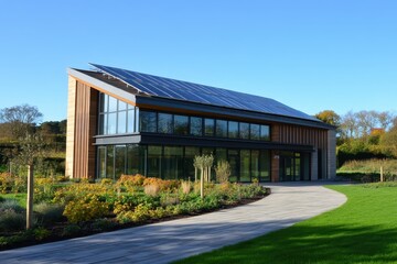 Modern eco-friendly building with solar panels. Ideal for articles on sustainable architecture and green energy solutions.