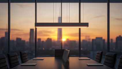 Fototapeta premium Sunrise cityscape view from modern conference room. (1)