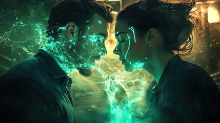 Fototapeta premium Couple connected by glowing energy, faces close.
