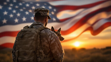 Soldier and K9 Partner at Sunset, Honoring the American Flag, veterans day background 