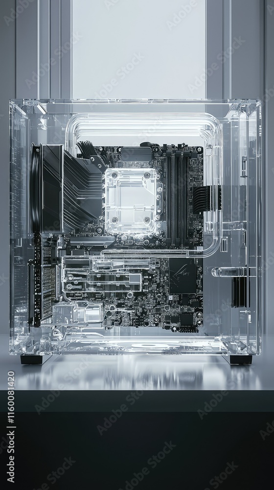 Poster transparent computer case displaying internal components and design