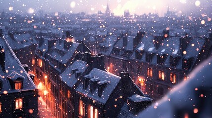 Fototapeta premium Snowy Evening Over City Rooftops with Warm Glowing Windows