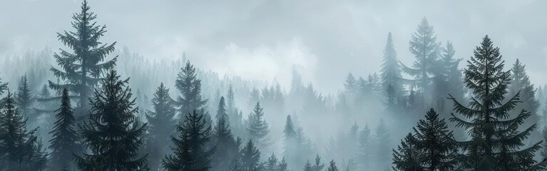 Mystical High Altitude Forest. Foggy winter morning in a larch tree highland.