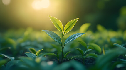 Obraz premium A leafy green plant with a sun shining on it. The sun is in the background and the leaves are in the foreground
