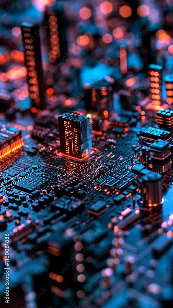 Poster complex circuitry interwoven with vibrant lights showcases advanced technology in a close-up view of