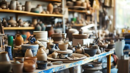 A vibrant pottery studio filled with spinning wheels and clay creations, Artists' tools arranged amidst creative chaos, Artistic workshop style