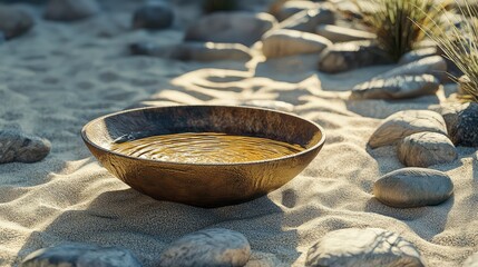 Calm Water Bowl Surrounded by Rocks on Sandy Surface in Nature
