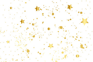 Abstract background with stars, splatter, glitter and confetti. Gold sparkle luxury confetti, Frame with gold stars on white background. Glowing golden particles.