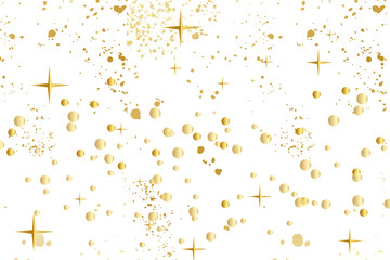 Abstract background with stars, splatter, glitter and confetti. Gold sparkle luxury confetti, Frame with gold stars on white background. Glowing golden particles.