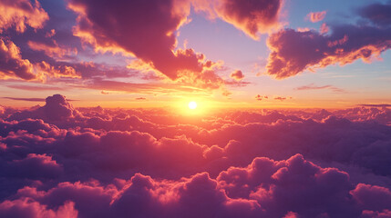 Fototapeta premium Sunset Above a Colorful Cloudscape with Vibrant Colors and Soft Atmosphere. A mesmerizing view of a sunset casting warm light over a cloud landscape blending oranges and purples.
