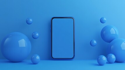 A blue-themed smartphone surrounded by spherical shapes on a matching background.