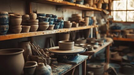 A vibrant pottery workshop with potters' tools and spinning clay wheels, Ceramic artist's tools set amidst shelves of glazes and molds, Artistic ceramics style