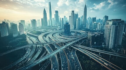 Aerial View of Urban Cityscape with Highways and Skyscrapers