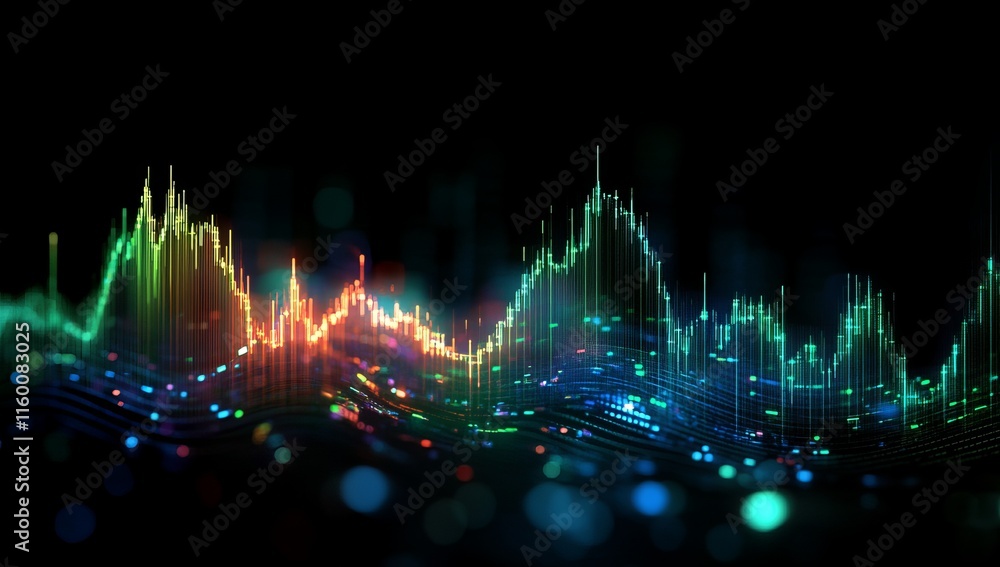 Leinwandbilder abstract colorful data visualization with glowing lines and bokeh on black background.