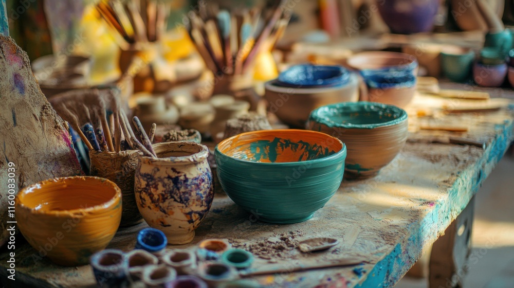 Poster a vibrant pottery workshop with pottery wheels and clay creations, pottery tools arranged in a creat