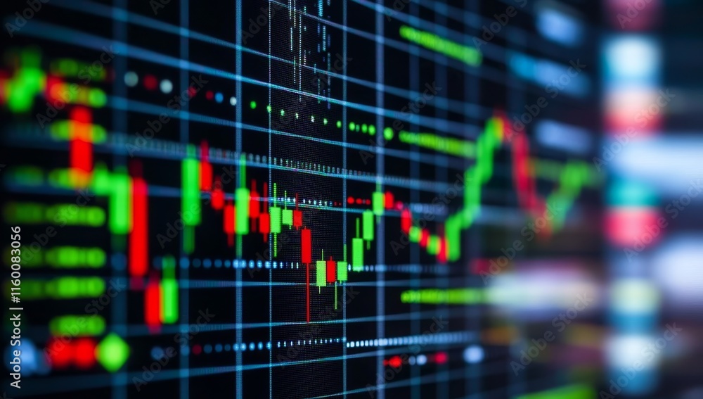 Poster Stock market data displayed on a screen showing candlestick charts and indicators.