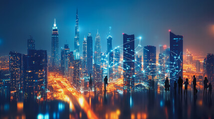 Obraz premium abstract professional business team people innovation connection of line from nail node to node on Smart Innovation city with connection cyber security network reciprocity , networking concept