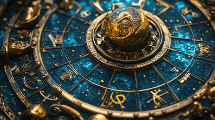 Naklejka premium Intricate Astrological Wheel with Celestial Details and Gold Accents