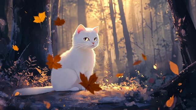 A white cat sits in the forest, in the style of anime, a cartoon illustration, cute and dreamy,y, anime style illustration, rendered with 3D animation, 